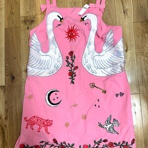 NWT Anthropologie Maeve Pink Dress with Swan and Floral Embroidery
